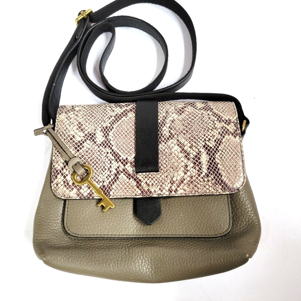 Fossil Crossbody Bag Leather Grey With Snakeskin Accents Purse ZB7804 VGC